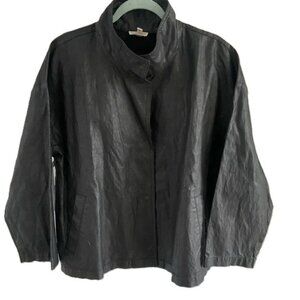 EILEEN FISHER Organic Cotton Linen Waxed Jacket 1X Black Stand Collar EUC